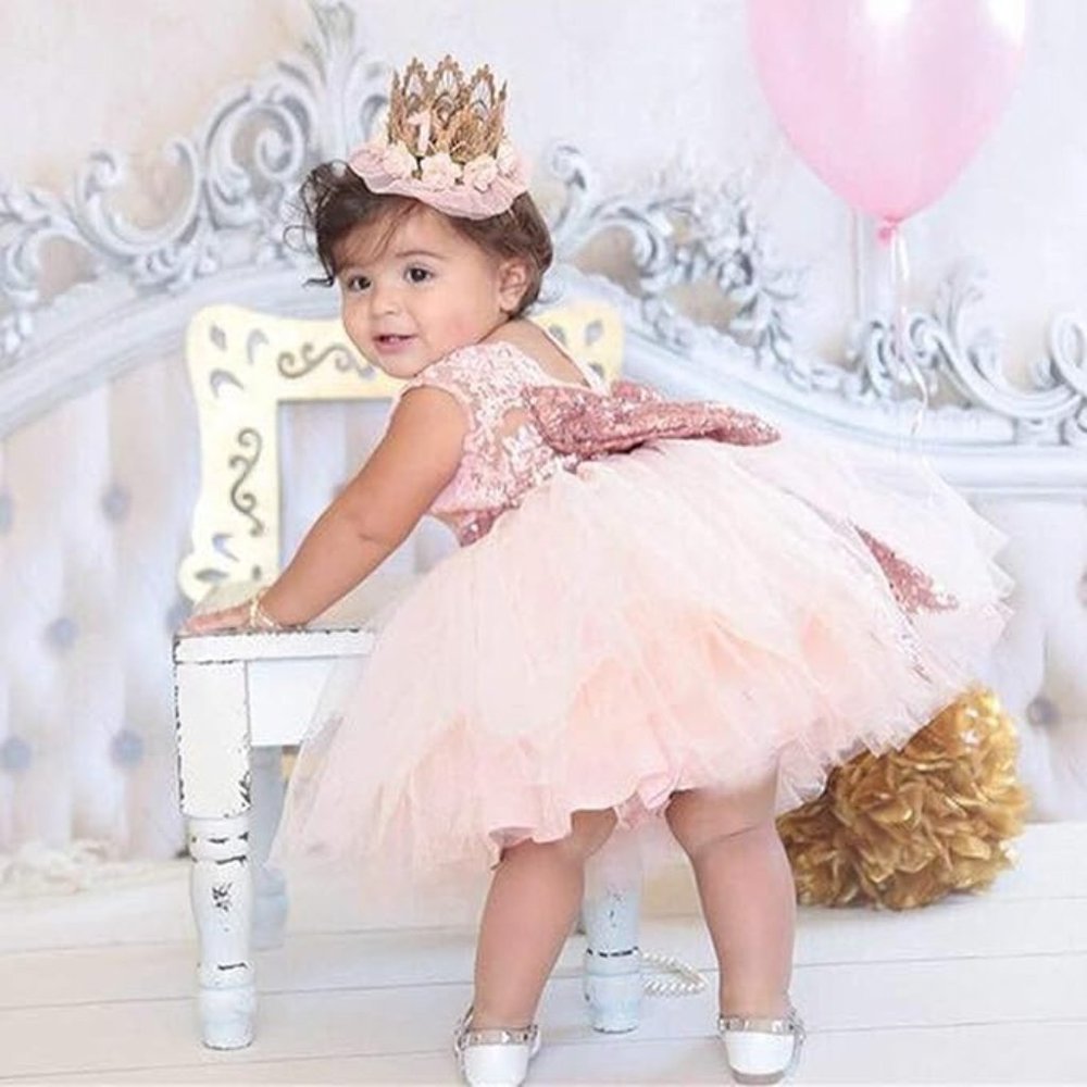NWT Sparkling Bling Sequin Bow Pink Baby Dress Wedding Flower Girl Birth…